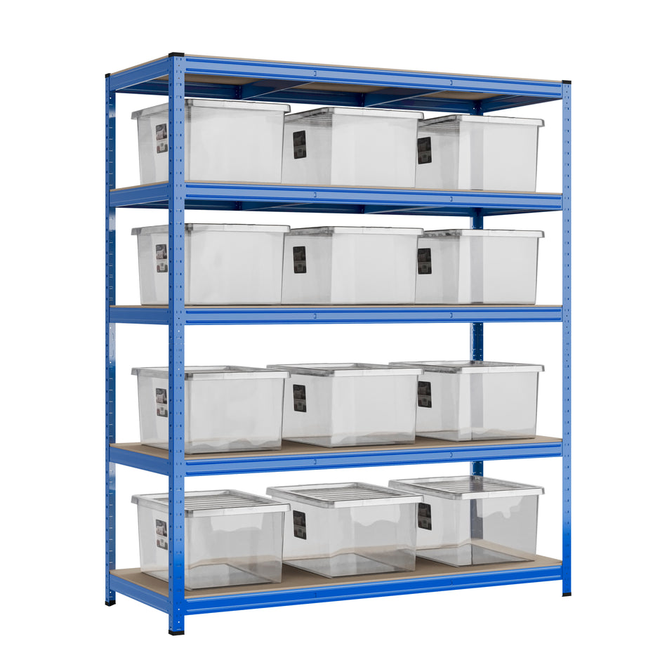 Garage Shelving Unit 5 Levels 1800mm H x 1500mm W x 600mm D | 12 X Wham Bam Storage Boxes 37L