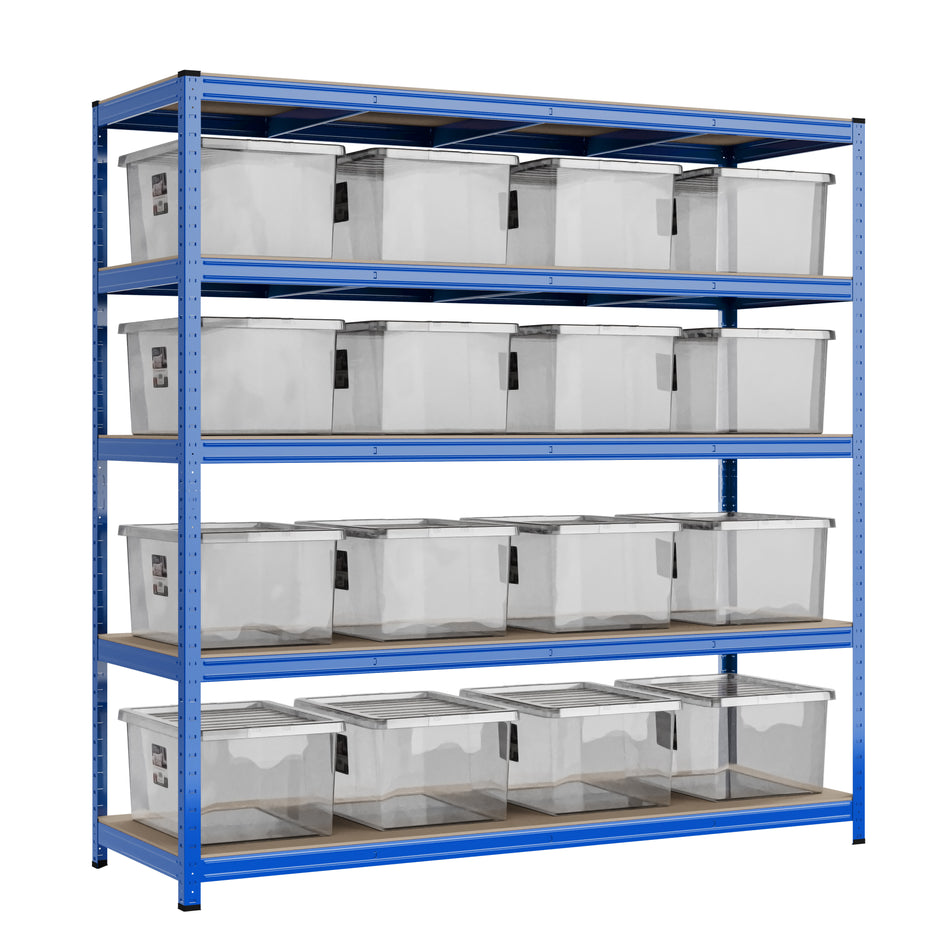 Garage Shelving Unit 5 Levels 1800mm H x 1800mm W x 600mm D | 12 X Wham Bam Storage Boxes 37L