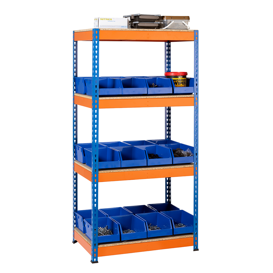 Rayonnage robuste bleu et orange 4 niveaux 1800 mm H x 900 mm L x 600 mm P avec 24 bacs de pièces de prélèvement