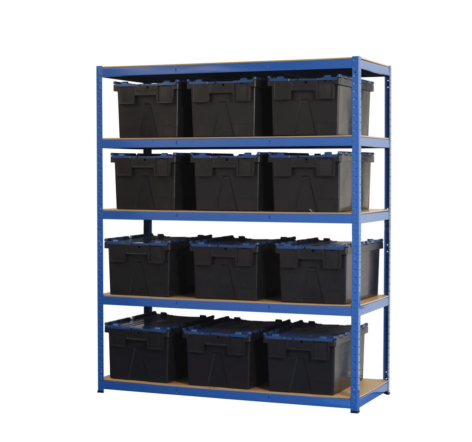 Etagère de garage 5 niveaux 1800 mm x 1500 mm x 600 mm avec 12 boîtes de rangement CROC de 56 LTR - UDL de 200 kg par étagère