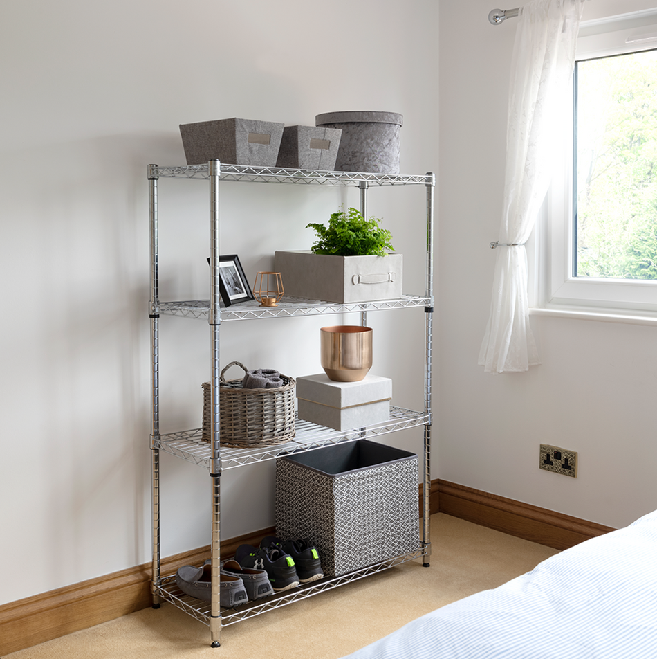 Étagère économique en fil métallique chromé, 4 niveaux, 1360 mm H x 907 mm L x 355 mm P - 100 kg UDL par étagère