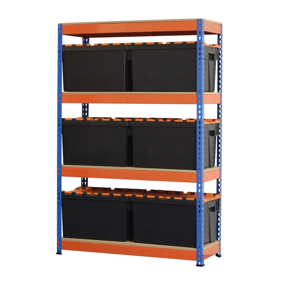 Etagère Robuste Bleu et Orange 4 Niveaux 1800 x 1200 x 600 | Avec 6 boîtes de rangement CROC de 65 litres