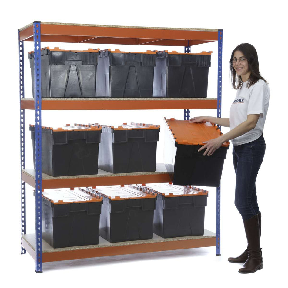 Etagère Robuste Bleu et Orange 4 Niveaux 1800 x 1500 x 600 | Avec 9 boîtes de rangement CROC de 65 litres
